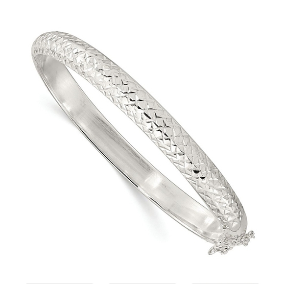 Bangkok Rajaganari Jewelers Jewelry - Rhodium Over Sterling Silver Polished and Diamond-cut 7.00mm Hinged Bangle ✨️